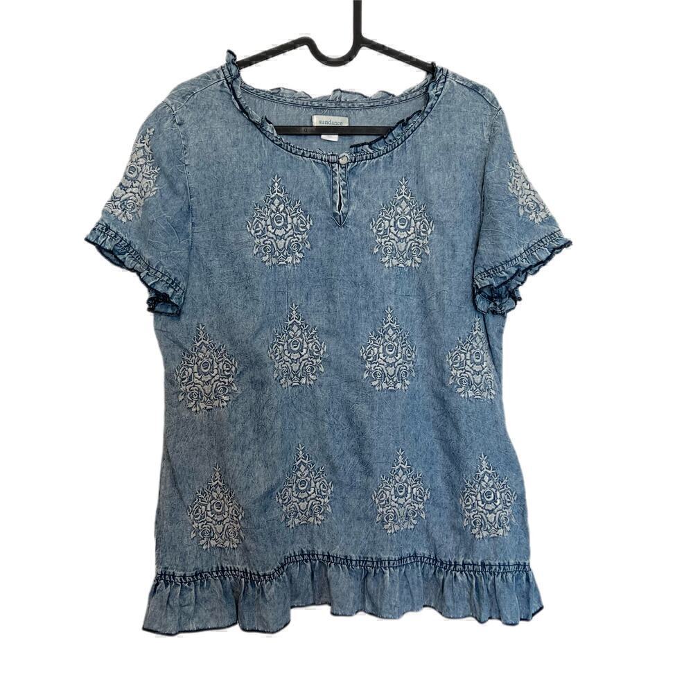 Sundance Fleur De Sel Top Embroidered Floral Lyocell Chambray Ruffle Size Small